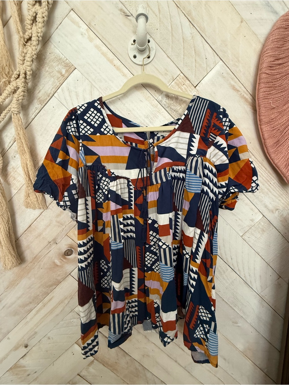 Geometric Print Short-Sleeve Peasant Blouse - Navy & Mustard